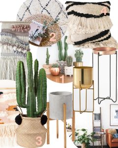homeware trends 2017 - cacti and baskets, planters, wool hangings, beni ourain rug dupe