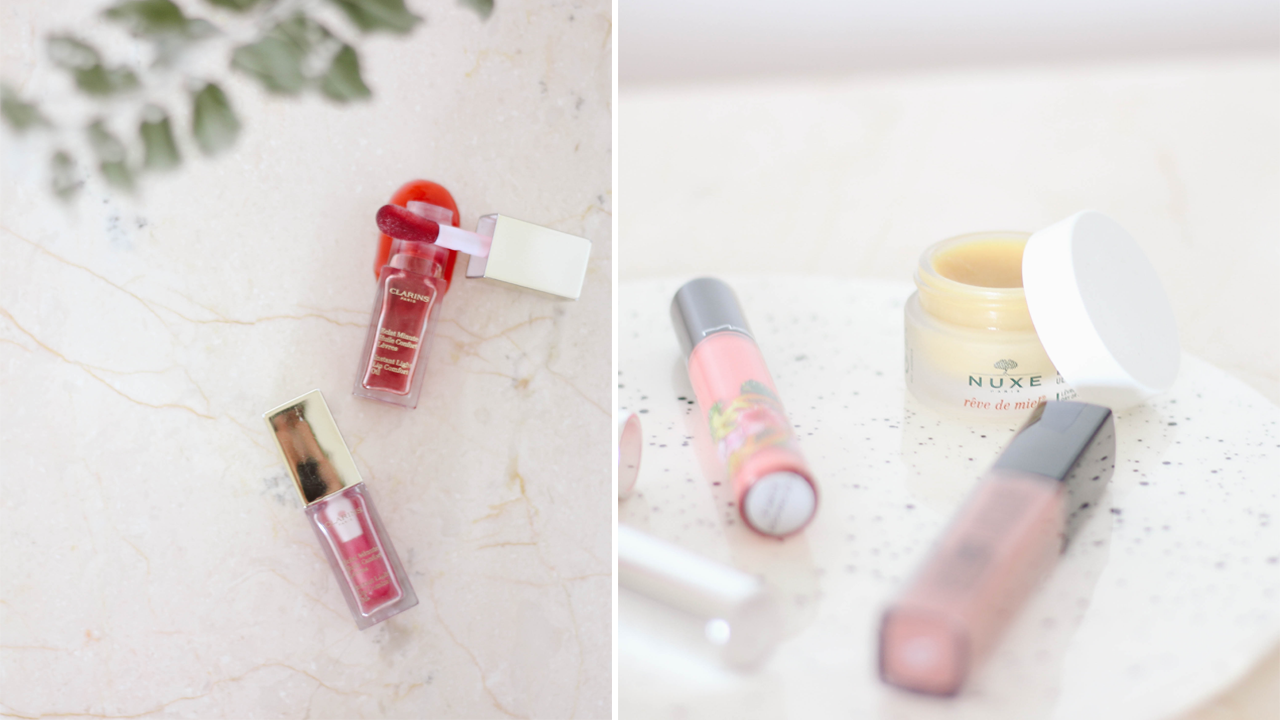 four glossy lip products - maybelline vivid hot lacquer charmer, mac fruity juicy cha cha cha, nuxe reve de miel, clarins instant light lip oil,clinique chubby plump & shine